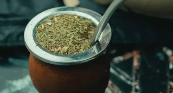 Ein traditioneller Mate-Tee-Becher aus Leder, gefüllt mit getrockneten Mate-Blättern und einer Metall-Bombilla.