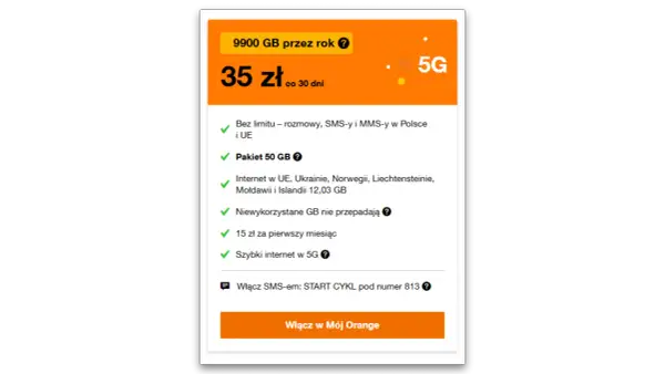 Orange Free na kartę: 9900 GB na rok, rozmowy i SMS-y bez limitu, 50 GB w roamingu za 35 zł/30 dni. Kody aktywacyjne dostępne.