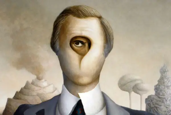 A surreal portrait in graphic realism depicts a man with an eye in a hole where his mouth should be, set against a dreamlike landscape with tiered mountains and strange trees.