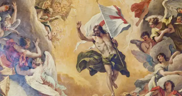 Jezus, wskrzeszony przez Jezusa, triumfalnie unosi sztandar z krzyżem, otoczony przez chóry aniołów.