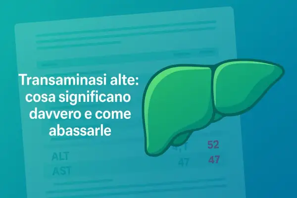 Fegato stilizzato accanto a testo che spiega cosa significano le transaminasi alte e come abbassarle velocemente.