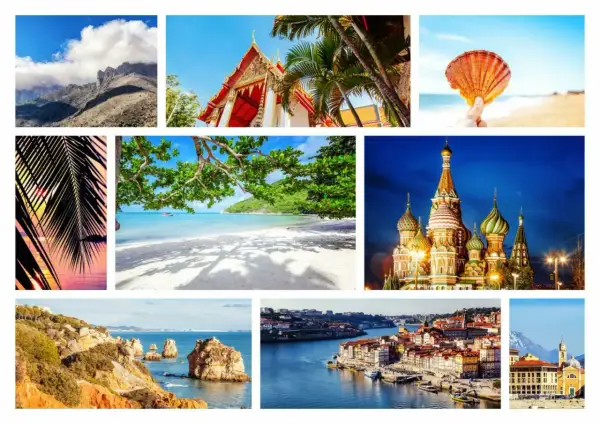 Montagnes, temple thaï, coquillage, plage tropicale, palais russe, falaises portugaises, ville portugaise, église italienne. Le plus beau voyage du monde.