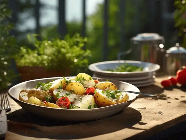 En skål med fransk potatissallad, toppad med färska örter och körsbärstomater, står på ett träbord utomhus.