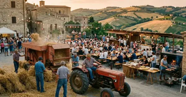 Festa di paese nelle Marche: musica, cibo e trattori tra colline e antichi borghi. Un tuffo nelle tradizioni.