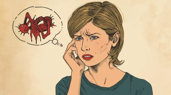 Una donna pensierosa con un pensiero inquietante: cosa sono i pensieri ossessivi? Un'immagine che evoca ansia.