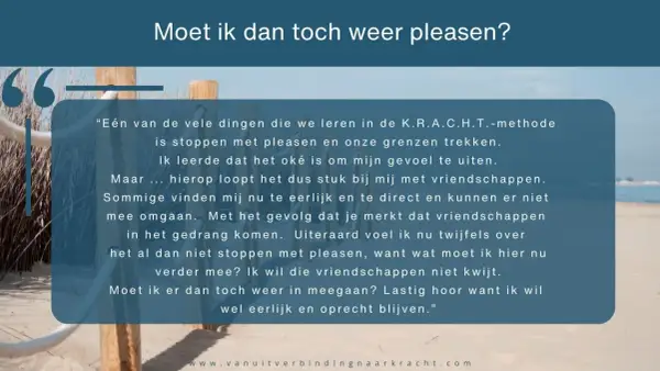 Tekst over stoppen met pleasen, met een strand op de achtergrond. De vraag is: "Moet ik dan toch weer pleasen?