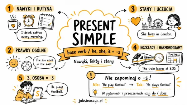 Grafika wyjaśnia Present Simple: nawyki, prawdy ogólne, stany, rozkłady. Pokazuje przykłady: "I drink coffee", "The sun rises", "She lives", "The train leaves", "He plays football".