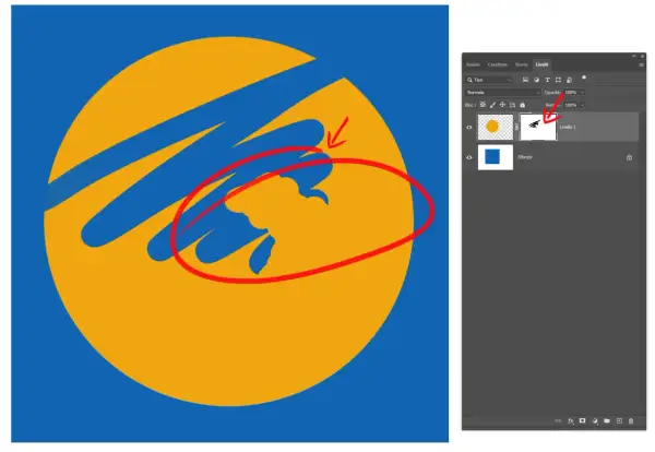 Un cerchio giallo con striature blu, evidenziato da un cerchio rosso e una freccia. Pannello Livelli di Photoshop con una maschera di livello attiva.