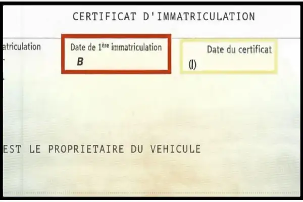 Extrait du certificat d'immatriculation, on peut lire la date de 1ère immatriculation.