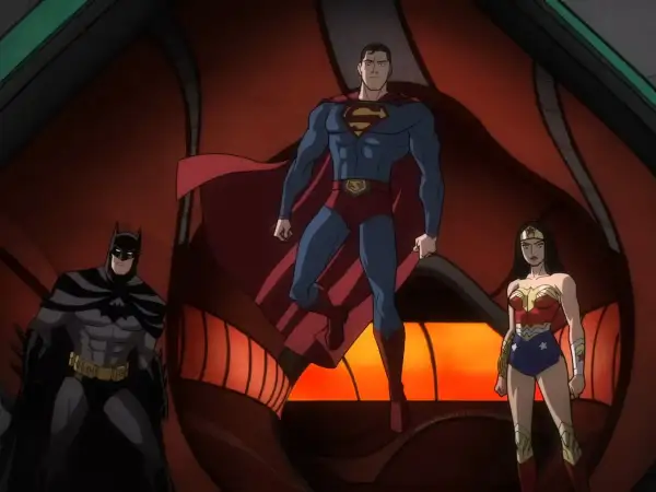 Batman, Superman y Wonder Woman, el trío principal de la liga de la justicia serie, listos para la acción.