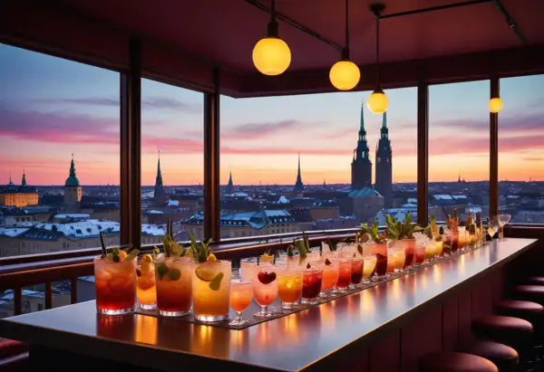 En rad färgglada drinkar på en cocktailbar i Stockholm med utsikt över staden vid solnedgången.
