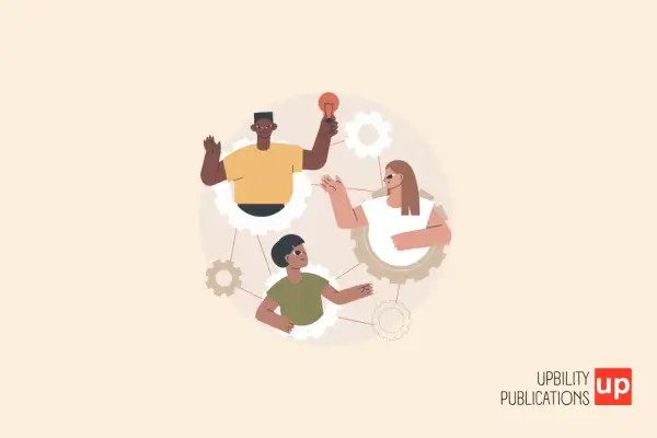 Ilustración de personas colaborando, con engranajes y una bombilla, ideal para actividades para trabajar las habilidades sociales.