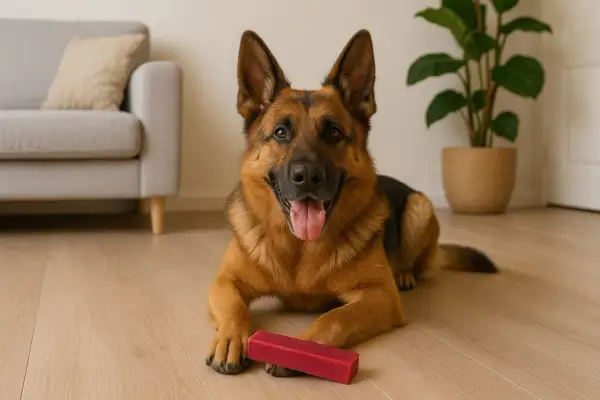 Owczarek niemiecki z czerwonym gryzakiem. Ser himalajski dla psa od jakiego wieku? Ten smakołyk jest idealny dla każdego psiaka, niezależnie od wieku.