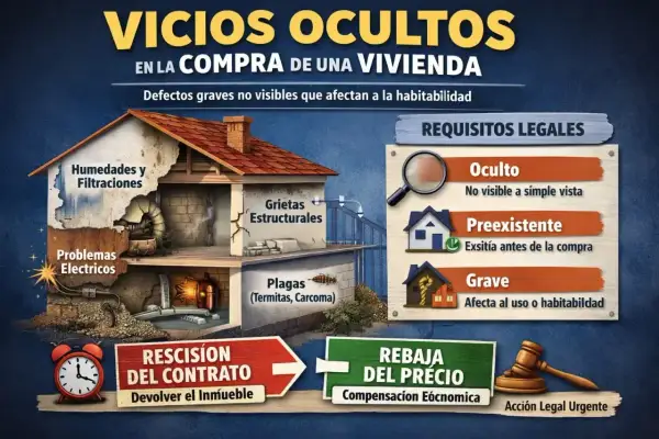 Vivienda con vicios ocultos: humedades, grietas, plagas, problemas eléctricos. Merece la pena denunciar para rescindir contrato o rebajar precio.