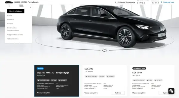 Czarny Mercedes EQE 350 4MATIC, elektryczny sedan z napędem na wszystkie koła, prezentowany w konfiguratorze.