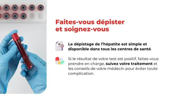 Mains gantées tenant un tube à essai de sang. Le texte encourage le dépistage de l'hépatite et le traitement, mentionnant l'hépatite médicamenteuse.