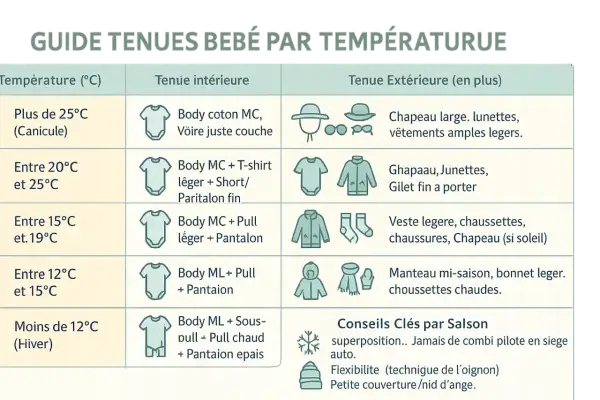 Guide pour comment s'habiller selon la température pour bébé : de la canicule à l'hiver, avec tenues intérieures et extérieures adaptées.