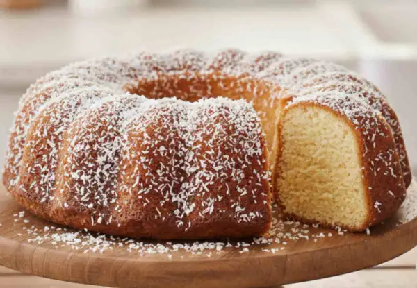 Ciambella al cocco dorata e soffice, cosparsa di scaglie bianche su un tagliere di legno.