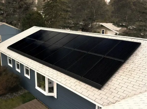 Paneles negros de una aplicacion placas solares cubren el tejado de una casa azul, rodeada de árboles.