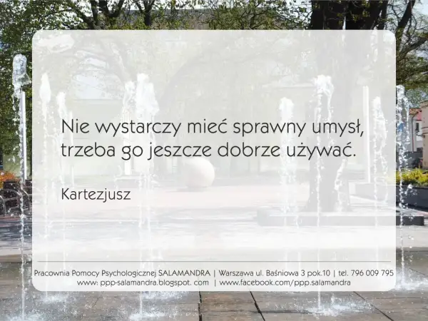 Cytat Kartezjusza: "Nie wystarczy mieć sprawny umysł, trzeba go jeszcze dobrze używać." Woda tryska z fontanny.