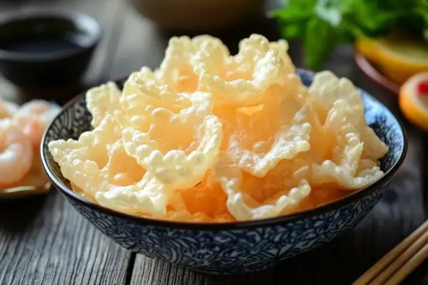 Krabbenchips selber machen: knusprige, goldgelbe Snacks in einer blauen Schale, daneben Garnelen und Sojasauce.