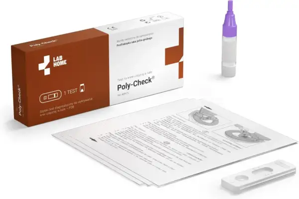 Zestaw do wykrywania krwi utajonej w kale Poly-Check. Szybki test diagnostyczny do profilaktyki raka jelita grubego.