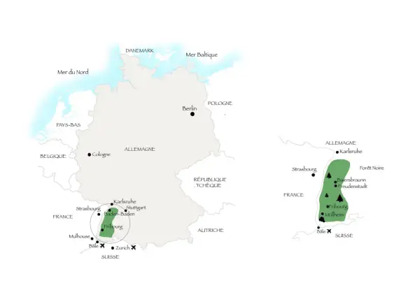 Carte du circuit touristique Forêt-Noire en Allemagne, avec les villes de Karlsruhe, Fribourg et Mulhouse.