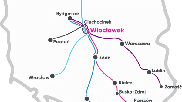 Mapa Polski z zaznaczonymi trasami kolejowymi. Włocławek jest centralnym punktem, od którego odchodzą linie do Bydgoszczy, Poznania, Łodzi, Warszawy i dalej. Sprawdź hopper ceny biletów na podróż!