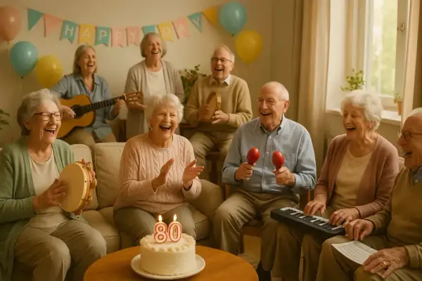 Des aînés joyeux célèbrent un anniversaire avec un quizz musical, guitare, maracas et un gâteau "80".
