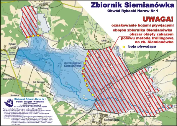 Mapa zbiornika Siemianówka z zaznaczonym obszarem zakazu trollingu. Obwód Rybacki Narew Nr 1 PZW Ujazd.