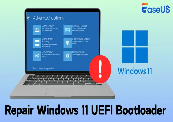 Naprawa Windows 11 UEFI bootloader na laptopie z widocznymi opcjami odzyskiwania.