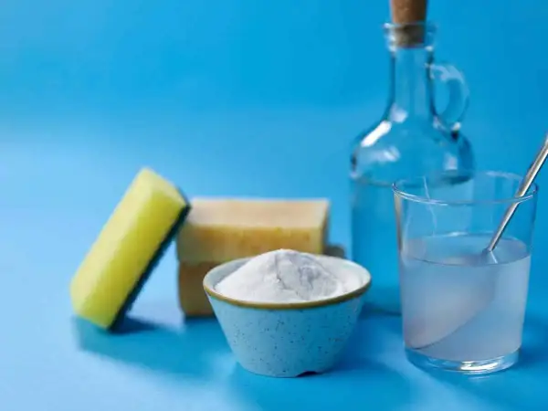 Spugna, sapone, bicarbonato e una bottiglia di aceto, ingredienti per un detersivo lavatrice fai da te.
