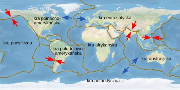 Mapa świata z zaznaczonymi płytami tektonicznymi i kierunkami ich ruchu. Widoczne kontynenty: Ameryka Północna, Ameryka Południowa, Afryka, Eurazja, Australia i Antarktyda.