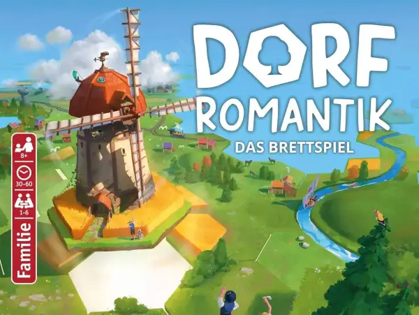 Das Brettspiel "Dorfromantik" lädt zum Bauen und Gestalten ein. Ein Windrad dominiert die idyllische Landschaft.