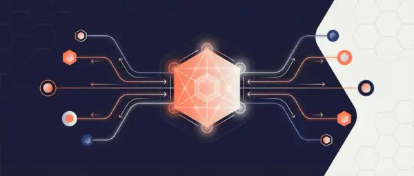 Schéma abstrait de flux de données, évoquant la rapidité et l'efficacité d'un serveur javascript express.