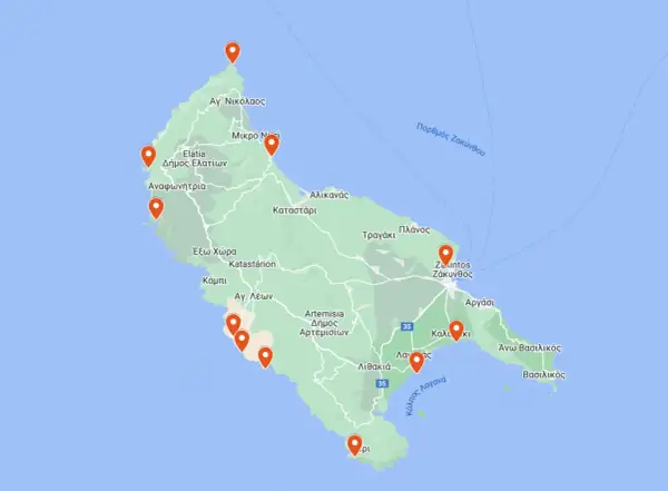 Mapa Zakynthos Town z zaznaczonymi punktami. Widoczne nazwy miejscowości: Agios Nikolaos, Elatia, Anafonitria, Exo Chora, Kampi, Agios Leon, Alikanas, Katastari, Tragaki, Planos, Zakintos, Argasi, Kalaki, Lithakia, Ano Vasilikos, Vasilikos.