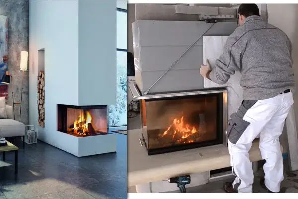 Handwerker montiert Schamottplatten an einem Kamin. Links ein fertiger Kamin mit Feuer.
