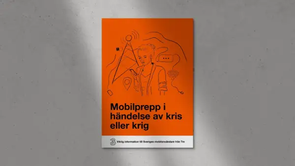En illustration av en kvinna med mobiltelefon, omgiven av symboler för kommunikation och teknik. Texten "Mobilprepp i händelse av kris eller krig" antyder en beredskapsplan mall.