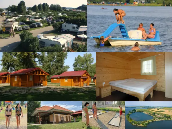 Urlaub im kemp merkur: Wohnwagen, Holzhütten, Wasserrutsche, Minigolf und ein See.