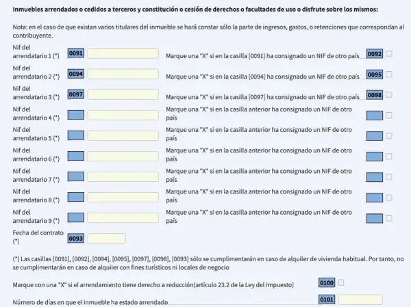 Formulario para declarar alquileres. Si alquilo un piso, tengo que declararlo. Se registran datos del arrendatario y del contrato.