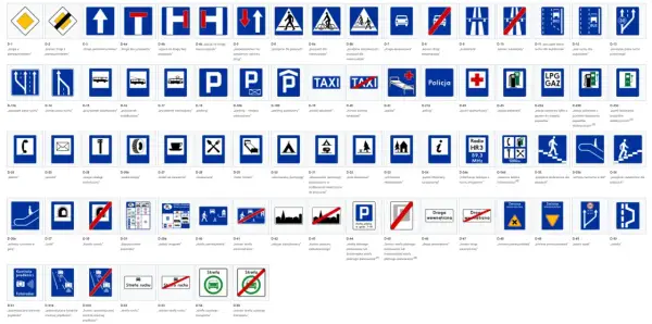 Znaki informacyjne z opisem: droga z pierwszeństwem, parking, stacja paliwowa, punkt informacji turystycznej, strefa ruchu, koniec strefy ruchu.