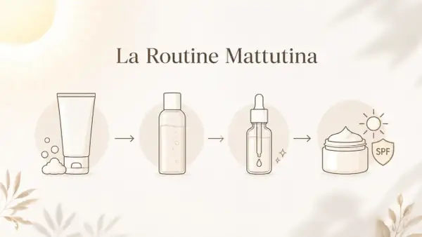 La routine skincare mattina: pulizia, tonico, siero e crema solare SPF.