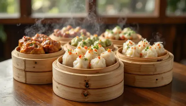 Dimmiga bambukorgar med ånga stiger från läckra dumplings.