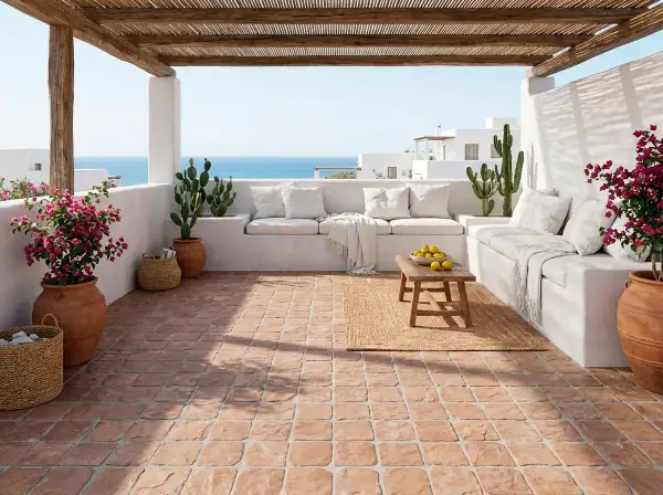 Terraza mediterránea con suelo de baldosas de terracota, sofás blancos, cactus y flores. Cumple la norma resbaladicidad c1, c2, c3.