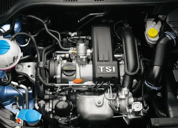 Silnik 1.2 TSI EA211 z turbosprężarką. Widoczne elementy układu chłodzenia, dolot powietrza i osłona silnika z napisem TSI.