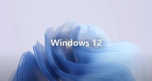 Abstrakcyjny, niebieski kształt z napisem "Windows 12". Sprawdź, jakie są Windows 12 wymagania, by cieszyć się nowym systemem.