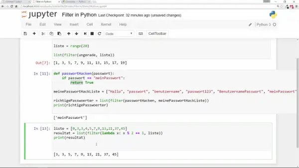 Exemple de code Python utilisant la fonction `filter` pour extraire des éléments d'une liste, comme des mots de passe.