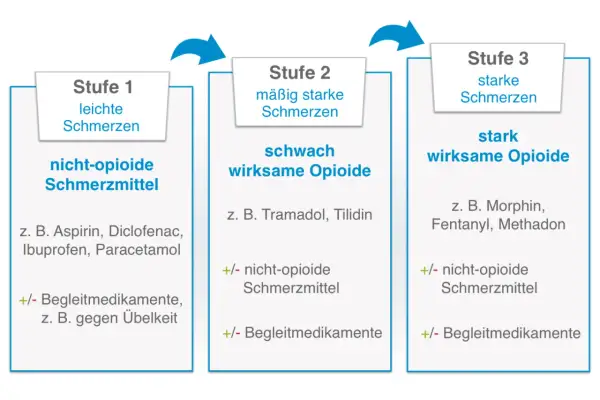 Übersicht über welche Arten von Chemotherapie es gibt: Stufe 1 (leichte Schmerzen) mit nicht-opioiden Mitteln, Stufe 2 (mäßig starke Schmerzen) mit schwach wirksamen Opioiden und Stufe 3 (starke Schmerzen) mit stark wirksamen Opioiden.