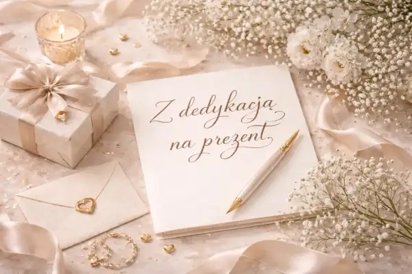 Elegancka dedykacja na prezent, obok ozdobnego pudełka, koperty z sercem i świecy.