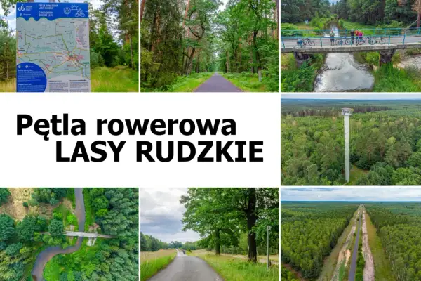 Pętla rowerowa Lasy Rudzkie zaprasza na malownicze trasy przez zielone lasy. Zdjęcia ukazują ścieżki, mosty i wieżę widokową.